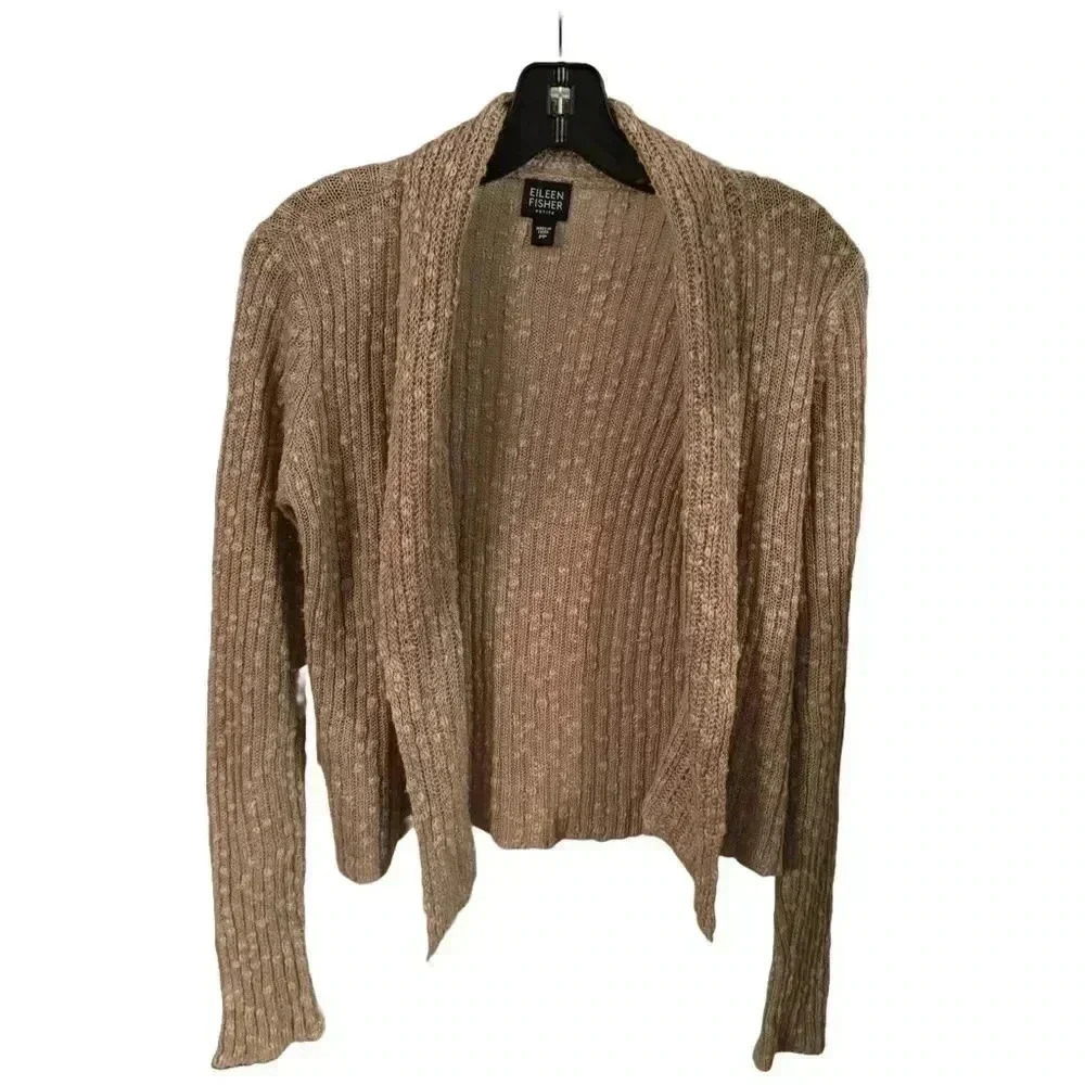EILEEN FISHER Cardigan SP Cotton Linen Ribbed Slub Open Front Long Sleeve Beige